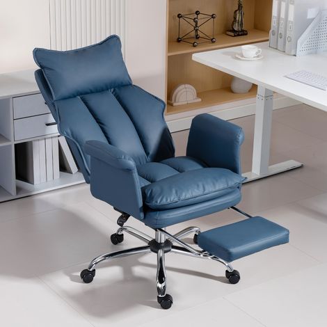 Chaise de Bureau avec Repose-pieds Dossier Reclinable Rembourrage Épais Revêtue de Cuir Synthétique Roues Bleues