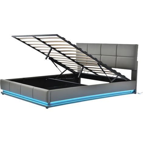 Letto imbottito 160 x 200 cm grigio con LED, rete in metallo e contenitore idraulico (1/5)
