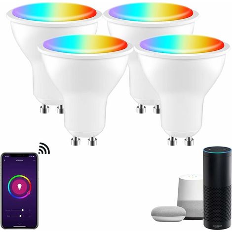 [Paquete de 4] Bombilla LED GU10 5W, GU10 Alexa, RGBW 3000K-6500K, [Control de aplicación] [Control de voz], Compatible con Google Home, Alexa y Echo. (1/4)