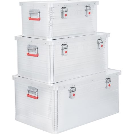 STIER Alubox Set, Aluminiumbox 50L 85L und 135L, stapelbare Transportkisten, Staub- und spritzwasserresistent mit Gummidichtung und Klapphandgriffen, für Transport und Lagerung