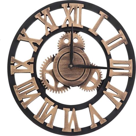 Horloge murale 3D artisanale à chiffres romains, style industriel rétro européen, décoration artistique créative pour salon, restaurant, bureau, bar, cuisine, bureau, etc. (30 cm - Or) (1/5)