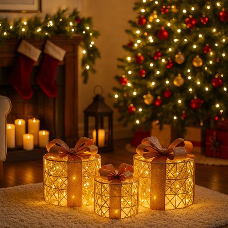 Pacchi regalo color champagne con luci Led per decorazione natalizia set da 3 -Tondo (1/5)