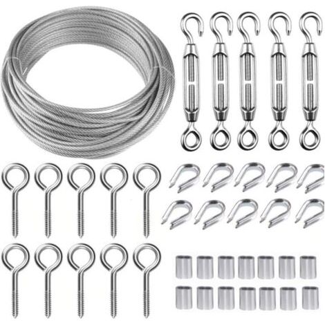 Corde en Acier Inoxydable à Suspendre Kit,30M/2mm Câble en Acier Inoxydable Revêtu avec M5 Tendeurs,Kit Cable Métallique 2mm pour Plantes Grimpante,Corde a linge,Rambarde,Cable de Garde Corps