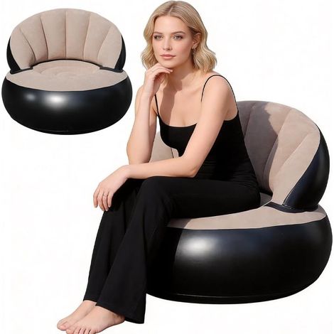 Canapé gonflable 2 en 1, revêtement floqué, imperméable, fauteuil portable avec pompe pour salon, extérieur, camping, plage, voyage, canapé, pouf (gris) (1/5)