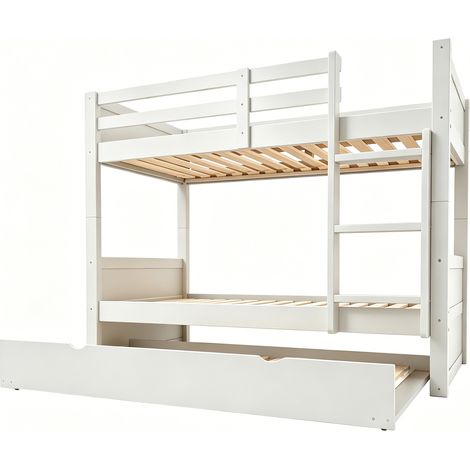 Litera de madera 90 x 200 cm con cama nido, convertible en 2 camas individuales, blanca (1/5)