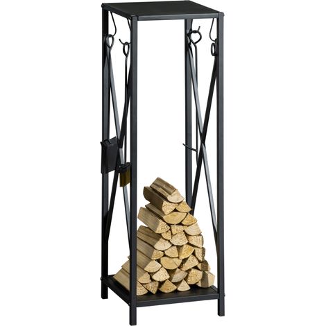 Metall-Holzregal für den Außenbereich, 34 x 34 x 111 cm – Tragkraft 65 kg, inklusive Haken und Zubehör – Schwarz