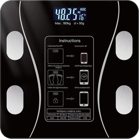 Intelligente Waage mit Körperanalyse – Misst BMI, Fett- und Muskelmasse – USB-aufladbar – Bis 180 kg – Schwarz (1/5)