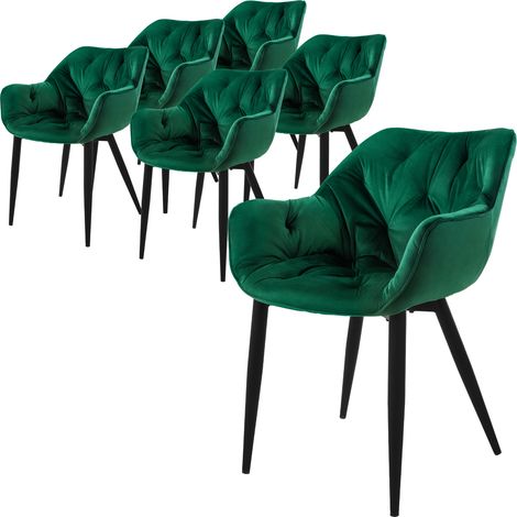 ML-Design Set 6 Sedie per Sala da Pranzo in Velluto Verde Scuro Poltroncine da Salotto Imbottite con Braccioli Gambe in Metallo Poltrone per Soggiorno con Schienale Ergonomiche e Confortevoli
