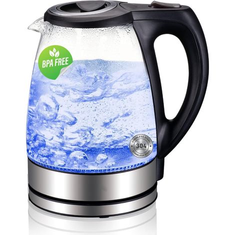 Bouilloire électrique en verre MULIN, capacité 1,7 L, indicateur LED bleu, 2200 Watt, arrêt automatique, rotative à 360° (1/5)