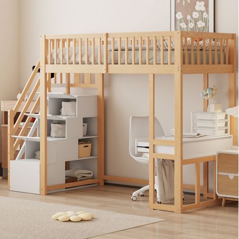 Lit mezzanine 90x200 avec bureau et escalier rangement HAVRYA (1/5)