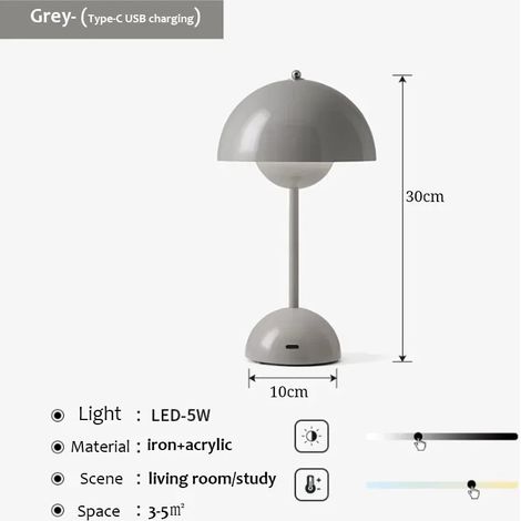 (Gris) Lampe de bureau rechargeable USB en forme de champignon, trois niveaux de luminosité, veilleuse décorative pour la maison.