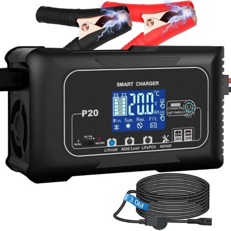 Chargeur de batterie intelligent 20A – Chargeur 12V/24V pour batteries lithium et plomb-acide – Écran LCD – Protection contre surchauffe - LiFePO4 (1/5)