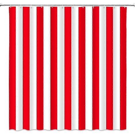 Rideau de douche à rayures rouges et blanches, motif moderne et tendance, ensemble de décoration de salle de bain en tissu de Noël avec crochets (122 cm L x 183 cm H) (1/2)
