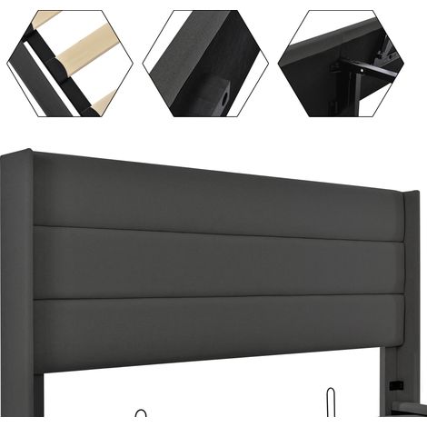 Lit coffre hydraulique 160x200cm avec matelas, sommier bois et cadre métallique, tissu lin gris, double (1/5)