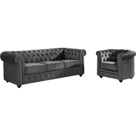 Divano CHESTERFIELD 3 posti e poltrona in velluto Antracite