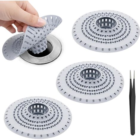 3 Pièces Filtre Cheveux Douche en Silicone, Attrape Cheveux Douche Baignoire en Silicone Gris avec 1 Pince, Filtre Evier pour Vidange des Cheveux pour Cuisine Lavabo Baignoire (1/5)