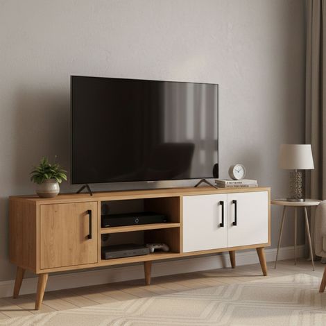 Mueble TV Brugine, un Estante, 3 Puertas, 4 Compartimentos, 150x34x52h cm Roble Marrón (1/4)