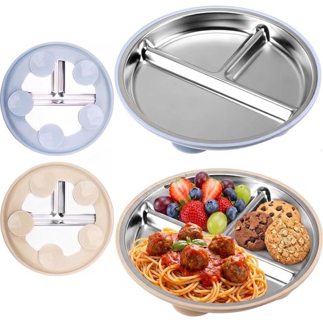2 Pcs Assiette Ventouse, Assiette Compartiment Inox Assiettes en Acier Inoxydable Ventouse Antidérapante avec 3 Compartiments (1/5)