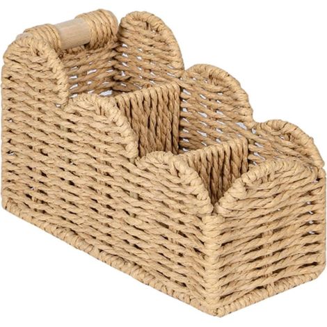 Beige Braided Storage Basket 3 Compartments Table Organizer Wavy Edge Braided Shelf for Office, Salon Table and Beauty Storage (1/5)