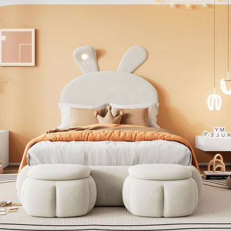 Lit Rembourré Enfant 90x200cm Design Lapin avec LED Réglable - Lit Enfant - Velours Beige avec 2 Poufs de Rangement Inclus (1/5)