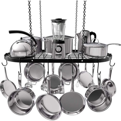 Étagère de rangement robuste pour casseroles – 83 x 43,2 cm – Rangement au plafond en alliage d'acier noir avec 15 crochets – Organisez les ustensiles de cuisine (1/5)