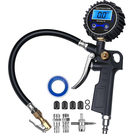 Manomètre numérique de pression des pneus avec gonfleur (3–250 PSI) – Modèle robuste convient aux voitures, camions, SUV et véhicules de loisirs (tuyau en caoutchouc inclus) (1/5)