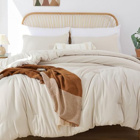 Parure de lit 3 pièces beige pour très grand lit (1 couette bohème et 2 taies d'oreiller), couette alternative légère en duvet confortable, couverture d'automne pour toutes les saisons (1/5)