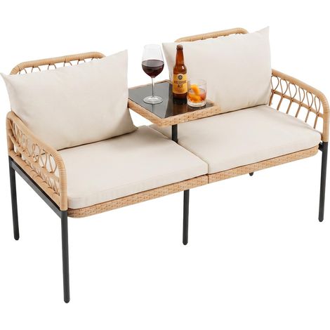 COSTWAY Divano Divanetto Panca Panchina Seduta Esterno Giardino Mobili Rattan Vimini 2 Posti Schienale Braccioli Tavolino Tavolo Integrato Vetro Cuscino Imbot (1/5)