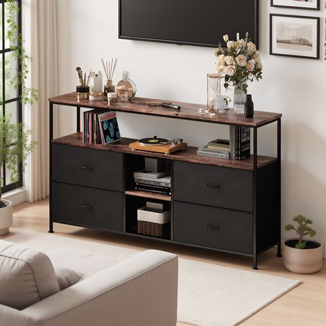TV-Schrank mit LED, Fernsehschrank mit 4 Schubladens und 3 offenen Fächern, modern TV - Table mit integriertes Kabelmanagement, für TVs bis 65 Zoll, Schwarz, 108 x 29.8 x 78 cm (1/5)