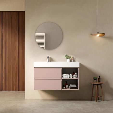 Mobile bagno sospeso 100 cm Rosa Retro Lavabo a Sinistra in Resina Specchio Tondo - Fiji Paint Plus (1/4)
