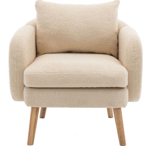 Poltrona moderna in tessuto Teddy beige con cuscino, seduta extra spessa, 1 posto, gambe in legno (1/5)