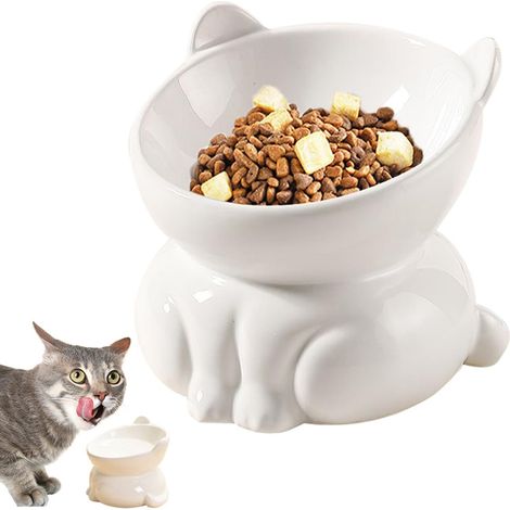 Elevated Cat Bowls, 15° Tilted Raised Cat Food Bowl Anti-Vomiting,Whisker Friendly, Cat Dishes for Protecting Spine (White) (1/5)