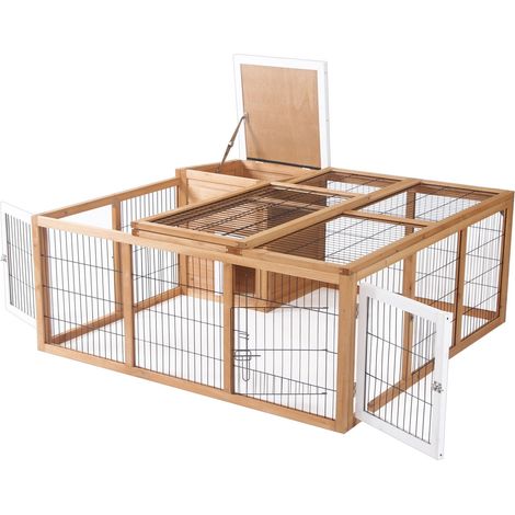 Kaninchenstall Kleintiergehege 123 X 120 X 52 Cm Mit Dach Zum Öffnen Mit Freigehege Tannenholz Natur