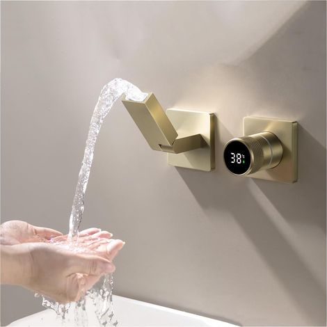 Robinet De Salle De Bain Or Brossé Avec Affichage Numérique LED, Robinet Lavabo Mural Pliable À 180° Mitigeur De Lavabo Robinets Cascade De Baignoire Avec L’Eau Froide & Chaude