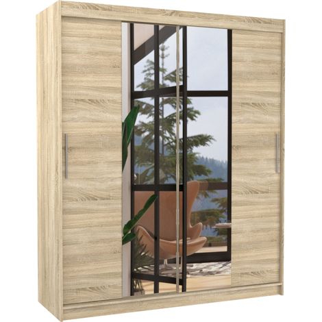 Armoire de chambre à coucher 2 portes coulissantes naturel et miroir Dally 180cm (1/5)