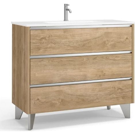 Mueble Baño al Suelo Fondo Reducido con Lavabo Cerámico 3 Cajones 80 cm Roble Natural Tirador Cromo (1/5)