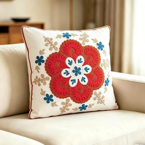 Taie d'oreiller toile coton brodée fleurs pastorales 45x45cm, décoration canapé et chambre à coucher, sans garnissage intérieur (1/5)