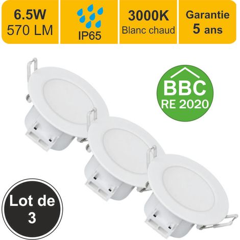 Lot de 3 spots LED encastrable BBC (RT2012/RE2020) IP65 - spécial salle de bain - 6.5W 570 LM 3000K - garantie 5 ans