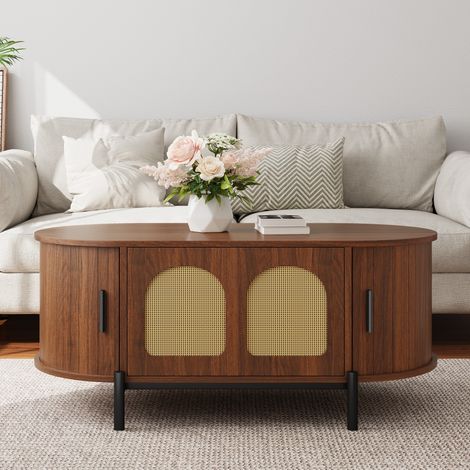 Table basse ovale avec rotin, portes coulissantes, aspect bois, pieds en métal, table de salon multifonctionnelle avec rangement pratique