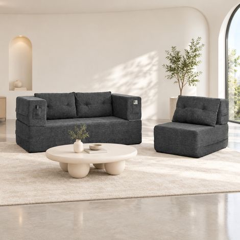 Divano letto modulare 199x194x39 cm in tessuto grigio scuro, senza montaggio – MEUBLIV (1/5)