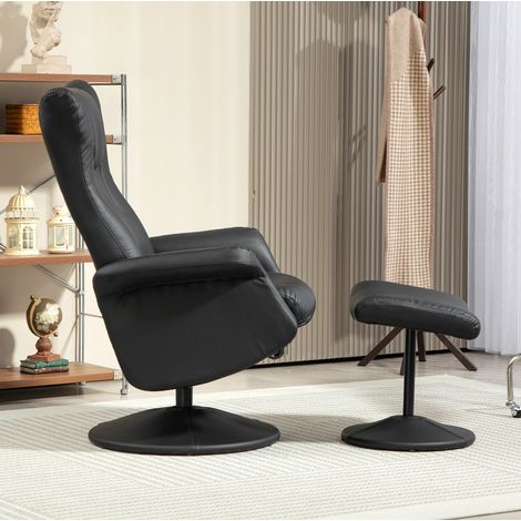 Poltrona relax girevole 360° con pouf, reclinabile fino a 130°, in ecopelle nera, OKWISH (1/5)