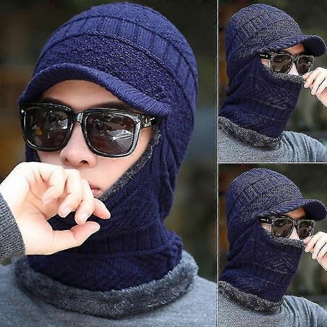 Tour de cou tricoté chaud pour homme, écharpe cagoule, bonnet, masque de ski, chapeau-Blue (1/2)