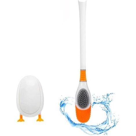 Brosse de Toilette en Canard de Plongée Balais WC Hygienique Salle de Bain Accessoires Balayette Silicone Poils Flexibles Poignée en Plastique Antidérapante avec Support Suspendu Mural, Blanc (1/5)