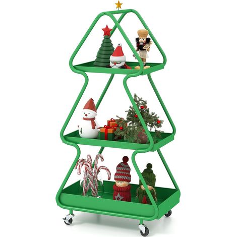 COSTWAY Chariot de Rangement à roulettes à 3 Niveaux, Chariot de Service de Renne de Noël, Cadre en Métal, Roues Universelles, Desserte à roulettes pour Salon Chambre Bureau (50 x 31,5 x 102 cm) (1/5)