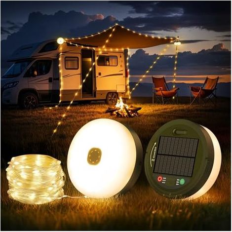 Guirlande lumineuse de camping enroulable 10 m, portable 3 en 1, rechargeable par USB et solaire, avec 8 modes d'éclairage, LED étanche pour le camping, la cour et la randonnée. (1/5)