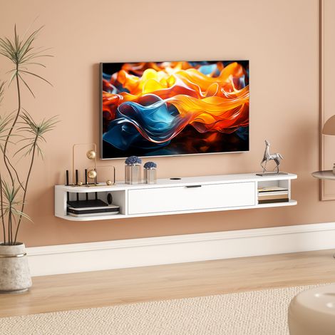 Meuble TV Suspendu, Meuble Télé pour Téléviseur jusqu'à 60 Pouces, Tiroir Rabattable, 2 Étagères, 140x24x16cm, Blanc (1/5)