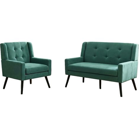Set di 2 poltrone accent in tessuto verde retrò con imbottitura in schiuma e gambe in legno (1/5)