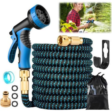 Tuyau d'arrosage extensible 15m, tuyau rétractable avec pistolet 10 fonctions et support, pour jardin, irrigation, nettoyage, jardinage et lavage de voiture (1/5)