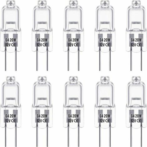 Ensemble de 10 ampoules halogènes G4 de 12V et 20W. Ces ampoules émettent une lumière blanche chaude de 3000K, avec une luminosité de 350 lumens. Elles sont gradables et ont un aspect transparent.