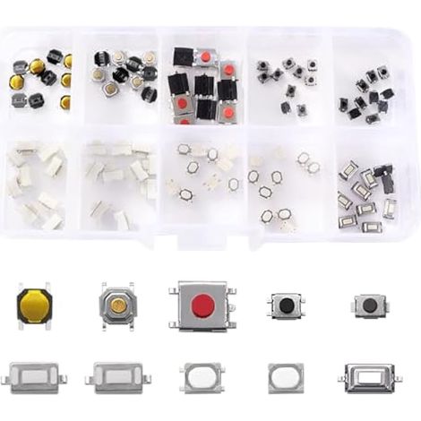100 Pièces 10 Value Boutons Poussoirs Tactiles Micro Momentary Tact Assortiment Kit, D'assortiment de Bouton Tactile, pour Clé de Télécommande de Voiture (1/4)